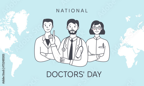 National Doctors Day banner. Friendly male and female medics against the backdrop of a world map. Medicine concept. Simple vector doodle illustration