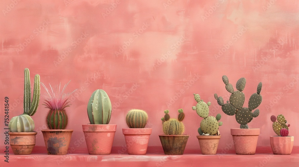 W obrazie przedstawiono rząd kaktusów rosnących w terrakotowych doniczkach ustawionych przed różowym murem. Rośliny mają zróżnicowane kształty i rozmiary, tworząc interesujący kontrast z tłem. - obrazy, fototapety, plakaty 