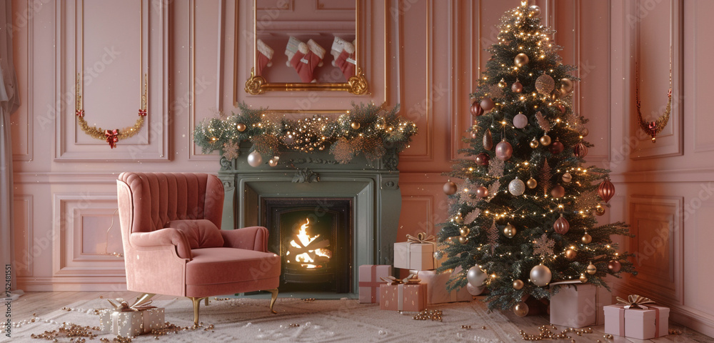 A warm and inviting Christmas setup with a crackling fireplace, a plush armchair, and a Christmas tree adorned with lights and gifts, set against a gentle blush pink background