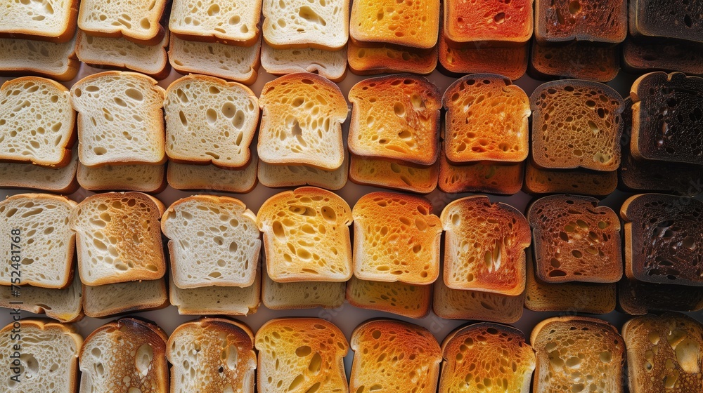 Widok z bliska na ułożone w szereg różne odcienie tostowanych kawałków chleba. - obrazy, fototapety, plakaty 