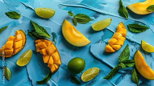 Na niebieskim stole ułożono plastry mango i limonki. Owoce są układane w sposób artystyczny i kolorowy, nadając całości świeży wygląd.