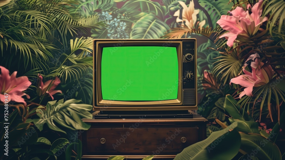 Stara telewizja z zielonym ekranem, otoczona roślinami tropikalnymi. Telewizor ma charakterystyczny design, a rośliny dodają tropikalnego klimatu. - obrazy, fototapety, plakaty 