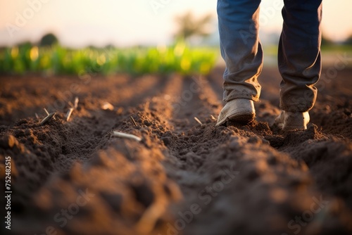 A close up view of a farmer's feet in worn shoes and dusty jeans, walking on fertile soil in a field at sunset