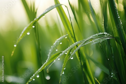 A close-up of lush green grass blades  each adorned with gleaming dewdrops in the early morning light  nature s delicate beauty and vitality