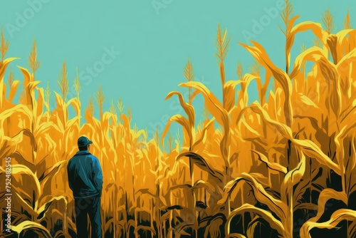 A farmer stands amidst a sea of tall, mature corn stalks under a clear sky, symbolizing the culmination of a season's hard work