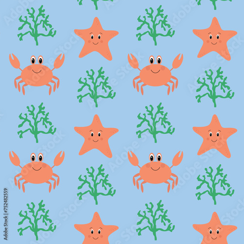Seamless pattern with starfish  crabs and algae. Vector illustration.