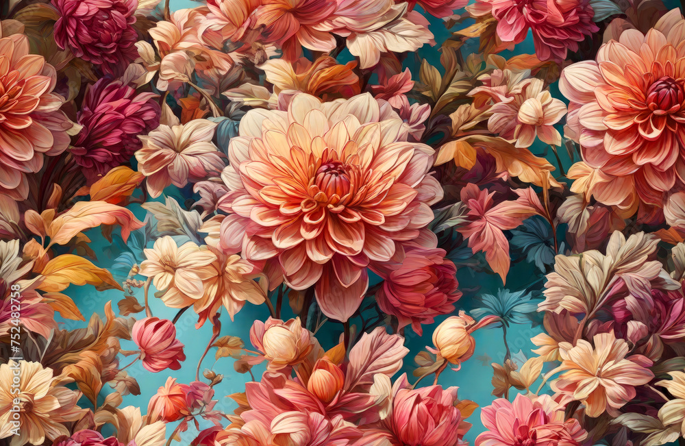 Seamless colorful fantasy flowers pattern, wedding wallpaper design. Generative ai