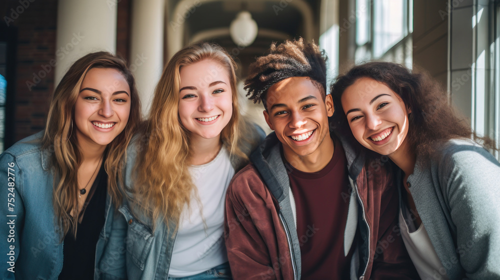 A group of multiracial young people, boys and girls, students of an educational institution smiling.