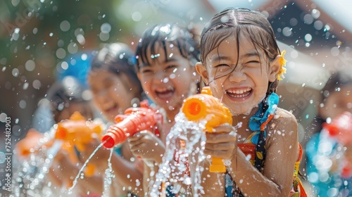 Laughing children engaged in playful water gun fun under the bright summer sun, splashes glistening in the air, Songkran.