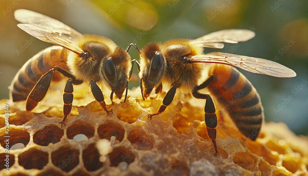 Bees sitting on a honeycomb to collect food, honey and pollen, close-up view
Bees sitting on a honeycomb to collect food, honey and pollen, close-up view