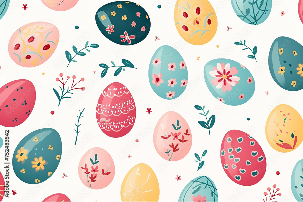 Seamless pattern of colorful easter egg festive seasonal hand drawn with flowers branch illustration