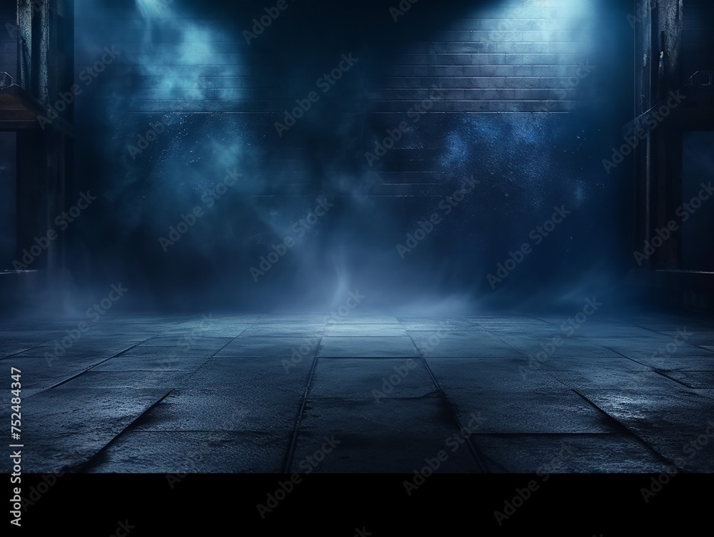 Dark street asphalt abstract dark blue background empty open dark scene neon light spotlights the concrete floor and studio room with faint smoke float up the interior texture for display products Dark street asphalt abstract dark blue background empty open dark scene neon light spotlights the concrete floor and studio room with faint smoke float up the interior texture for display products