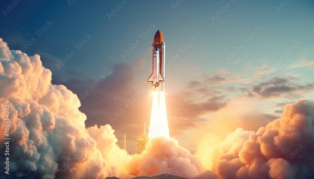 New space rocket lift off. Space shuttle with smoke and blast takes off into space on a background of blue planet earth with amazing sunset. Successful start of a space mission - obrazy, fototapety, plakaty 