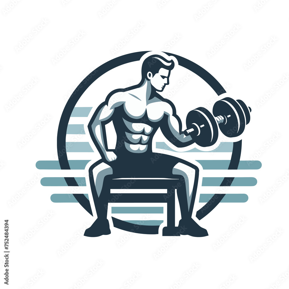 Fototapeta premium Fitness and bodybuilding logo. Bodybuilder with dumbbell. Vector illustration, gym workout, generative ai