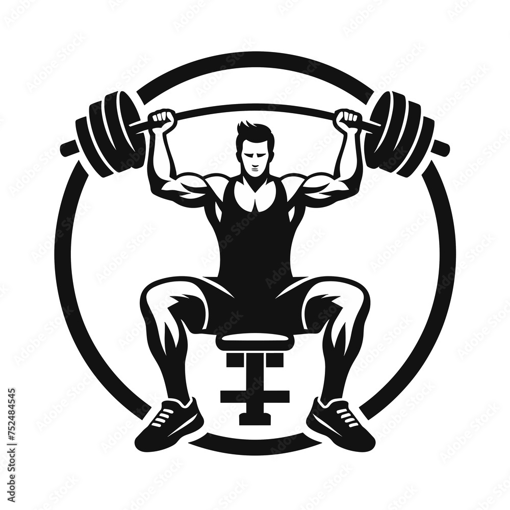 Black and white illustration of a man lifting a dumbbell set inside a circle, gym workout exercise, generative ai