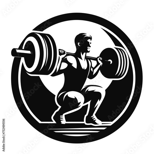 Vector illustration of a bodybuilder lifting a barbell, inside a circle on an isolated white background, generative ai