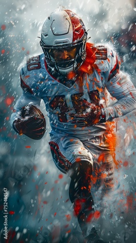 Dynamic American Football Player in Action with a Burst of Red Abstract Art