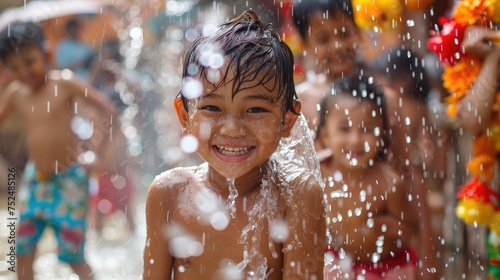 Songkran, Children in high spirits, captured in a moment of pure joy and laughter, as they play in glistening water sprinkles on a sunny day. © Laphatrada