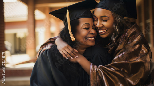 Happy dark-skinned, black, African-American mother hugging her student daughter in a cap, graduate cap near an educational institution.