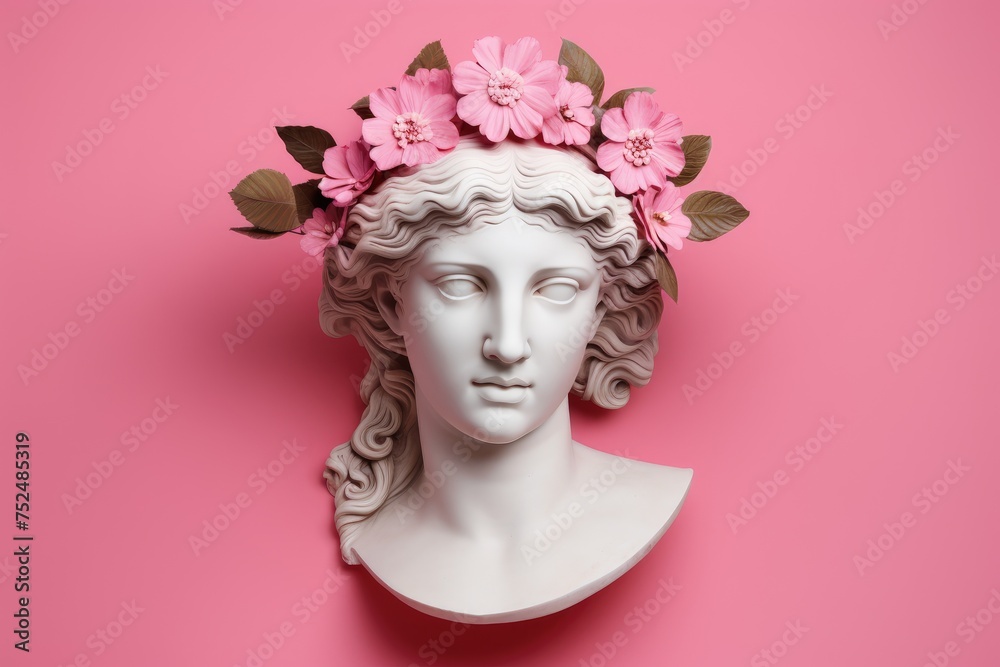 Antique Statue of Woman goddess with floral Wreath on head. Greek Ancient Sculpture of female head with pink pastel background. Minimalistic modern trendy y2k style