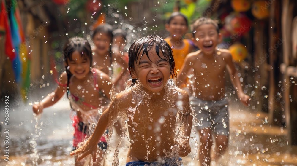 Obraz premium Songkran, Children in high spirits, captured in a moment of pure joy and laughter, as they play in glistening water sprinkles on a sunny day.