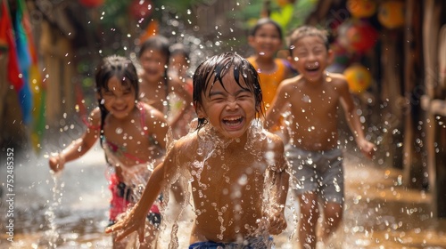 Songkran  Children in high spirits  captured in a moment of pure joy and laughter  as they play in glistening water sprinkles on a sunny day.