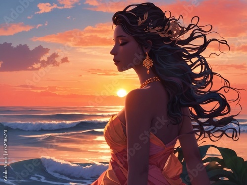 Bioluminescent Woodland Symphony: AI-Enriched Goddess Silhouette Illuminates the Coastal Sunset, Creating a Surreal Haven of Ethereal Glow and Harmonious Beauty.