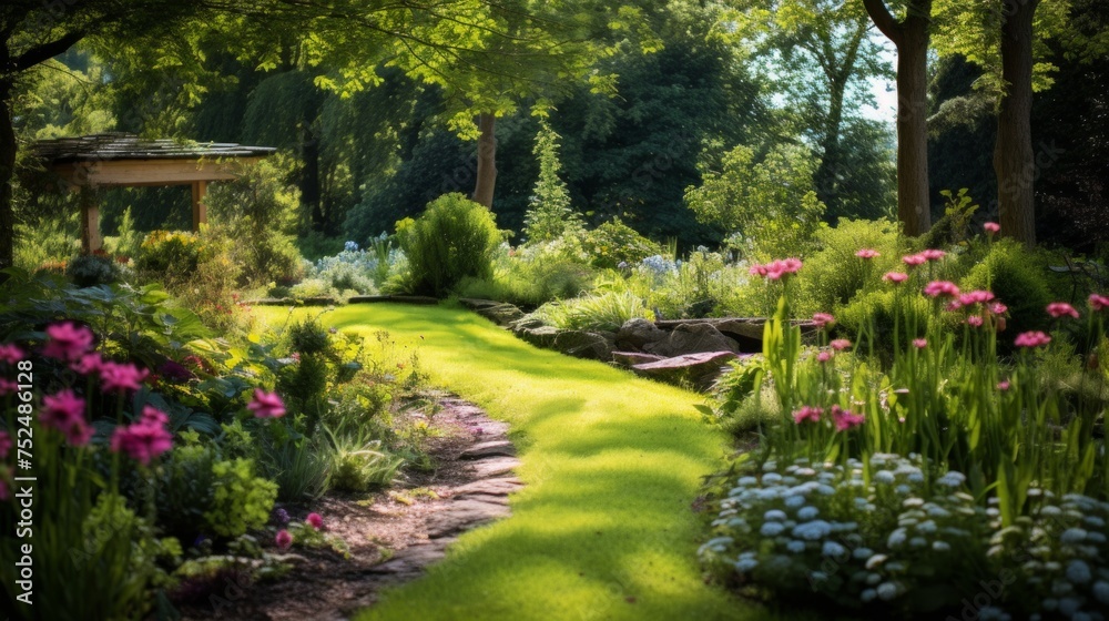 Sunlit Eco-Friendly Garden and Lush Meadows. A serene eco lawn garden bathed in sunlight, with a stone pathway leading through vibrant green meadows and diverse flora.