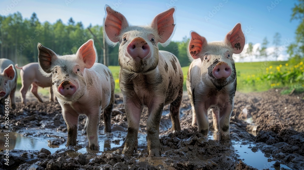 pigs standing in mud, enjoying a sunny summer day on the farm pigs standing in mud, enjoying a sunny summer day on the farm