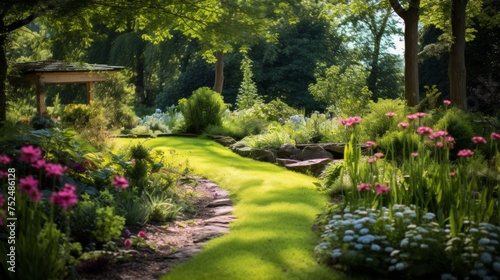 Sunlit Eco-Friendly Garden and Lush Meadows. A serene eco lawn garden bathed in sunlight  with a stone pathway leading through vibrant green meadows and diverse flora.