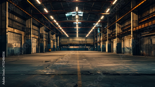 Empty Warehouse s Interior With A Mysterious Atmosphere With Grungy Walls And Darkness. Industrial Space Background