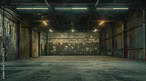 Mysterious Atmosphere in an Empty Warehouse with Grungy Walls and Dark Shadows. Industrial Space Background photo