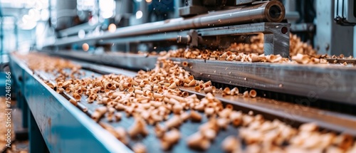 A close-up view of wooden shavings collected on a conveyor belt, showcasing the byproducts of a woodworking process. The texture and abundance of the shavings in a manufacturing setting.