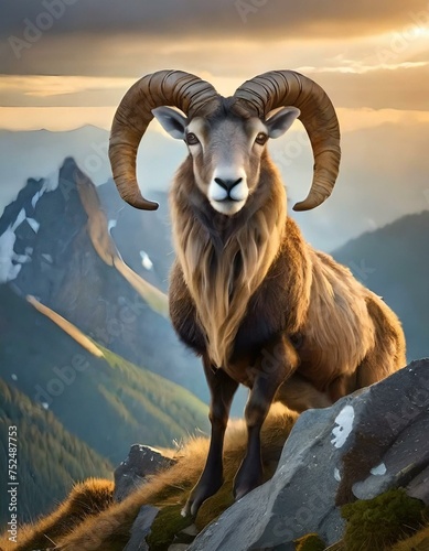 Majestic Guardian: Ram with Long Horns Perched Atop Mountain Peak
