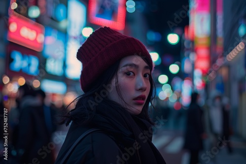 A woman standing confidently on a vibrant city street at night, illuminated by the glow of streetlights and surrounded by the bustling energy of the urban landscape.