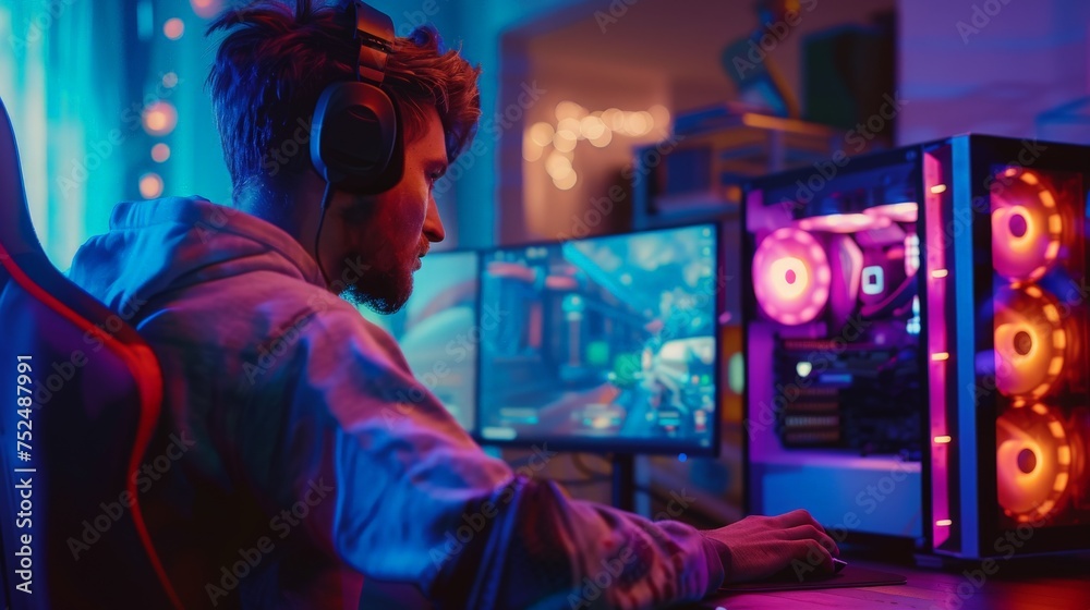 A man engrossed in the digital realm, wearing headphones and focused on his computer screen. A man engrossed in the digital realm, wearing headphones and focused on his computer screen.