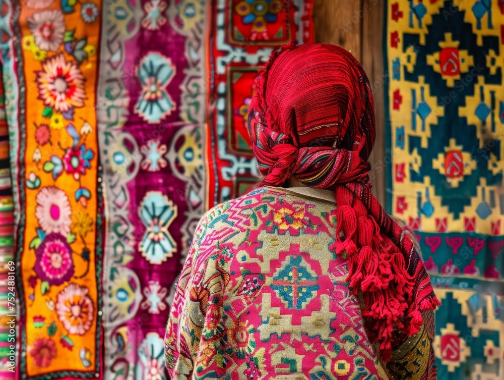 A woman with crimson locks stands confidently before a vibrant array of colorful rugs, showcasing the essence of global craftsmanship.