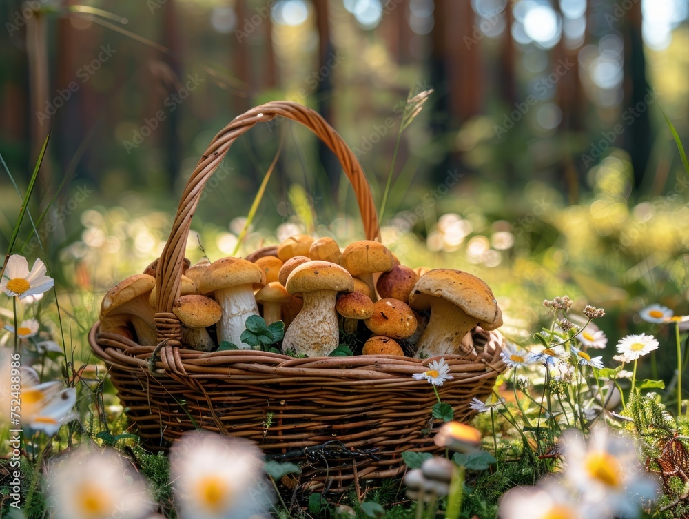 Gathering Wild Mushrooms in a Forest: Basket Filling with Fresh Organic Edible Fungi - Autumn Harvest Concept Gathering Wild Mushrooms in a Forest: Basket Filling with Fresh Organic Edible Fungi - Autumn Harvest Concept
