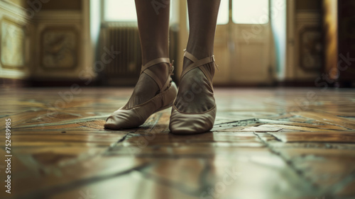 Close up of ballerina feet in pointe shoes on floor.