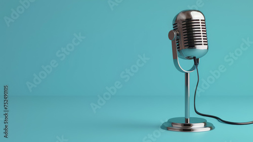 microphone de style vintage chromé posé sur un pied dans un fond coloré uni bleu