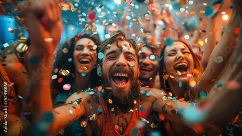 Group of young adults celebrating with confetti