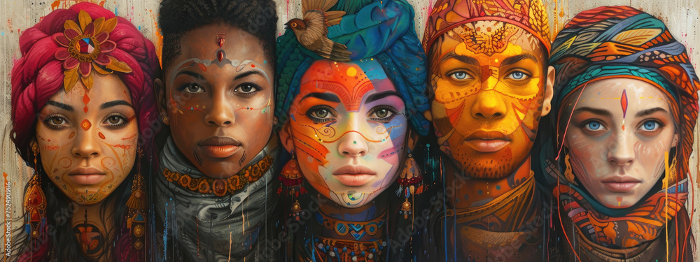 A group of women with colorful painted faces. The women wear colorful scarves on their heads and are arranged in a row. Illustration depicting multiracial diversity. Ai generated