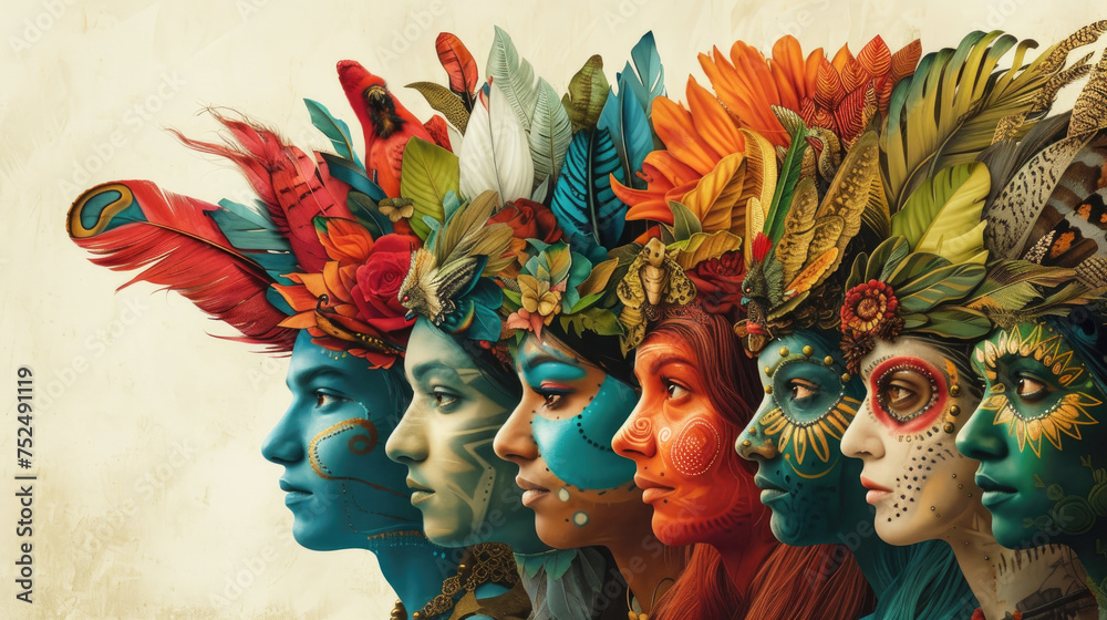 Female faces of women with tribal makeup and feathers on their heads in a line on light background. Expressive composition of different ethnic groups. Ai generated
