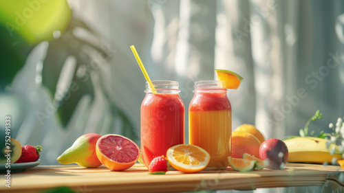 Two jars of mixed fruit smoothies.