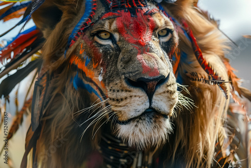 A post apocalyptic scene with an African American lion wearing tribal war paint Close up © SObeR 9426