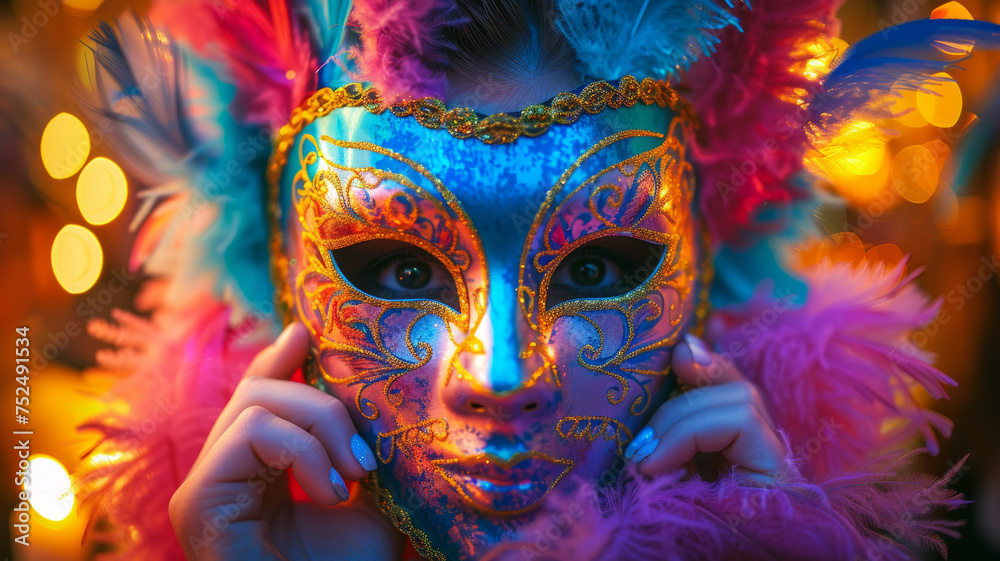 A person holding a colorful masquerade mask.