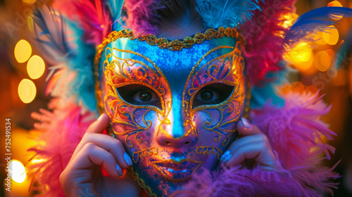 A person holding a colorful masquerade mask.