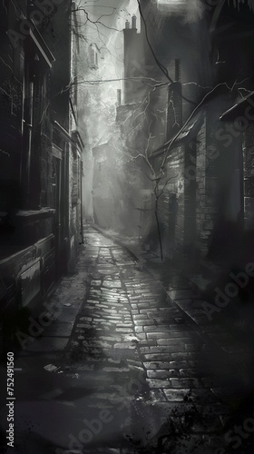 An eerie alleyway shrouded in darkness with shadows looming overhead Close up