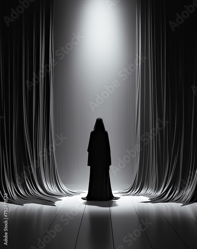 Silhouette of a Woman Between Curtain Folds in Spotlight