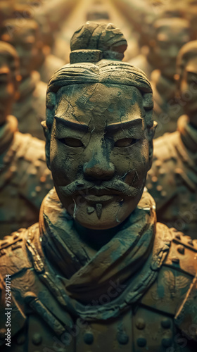 Capture the majesty and mystery of the Terracotta Army in a digital artwork Close up